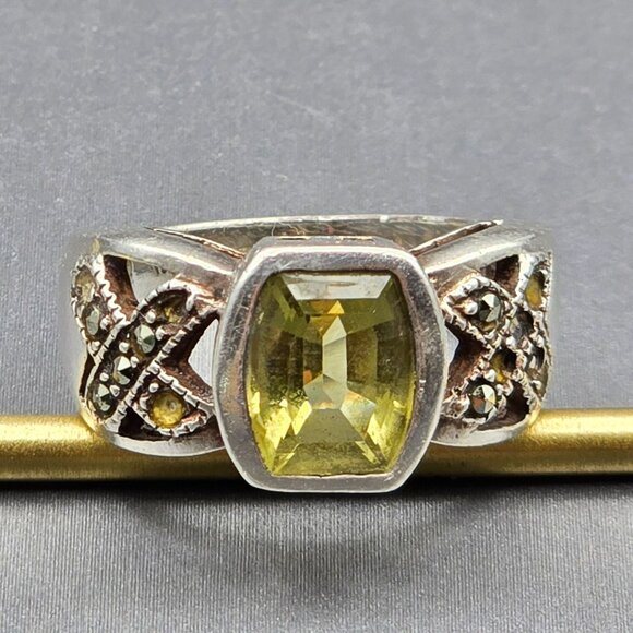 VTG Sterling Silver Citrine & Marcasite Cathedral Ring Size 6.5 Signed “A” 6.67g - Picture 1 of 13